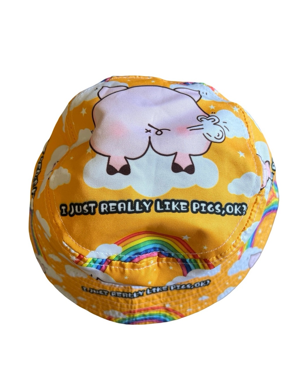 Funny Farting Pig & Rainbows Yellow Kitschy Bucket Hat “I Just Really Like Pigs” - Picture 3 of 6